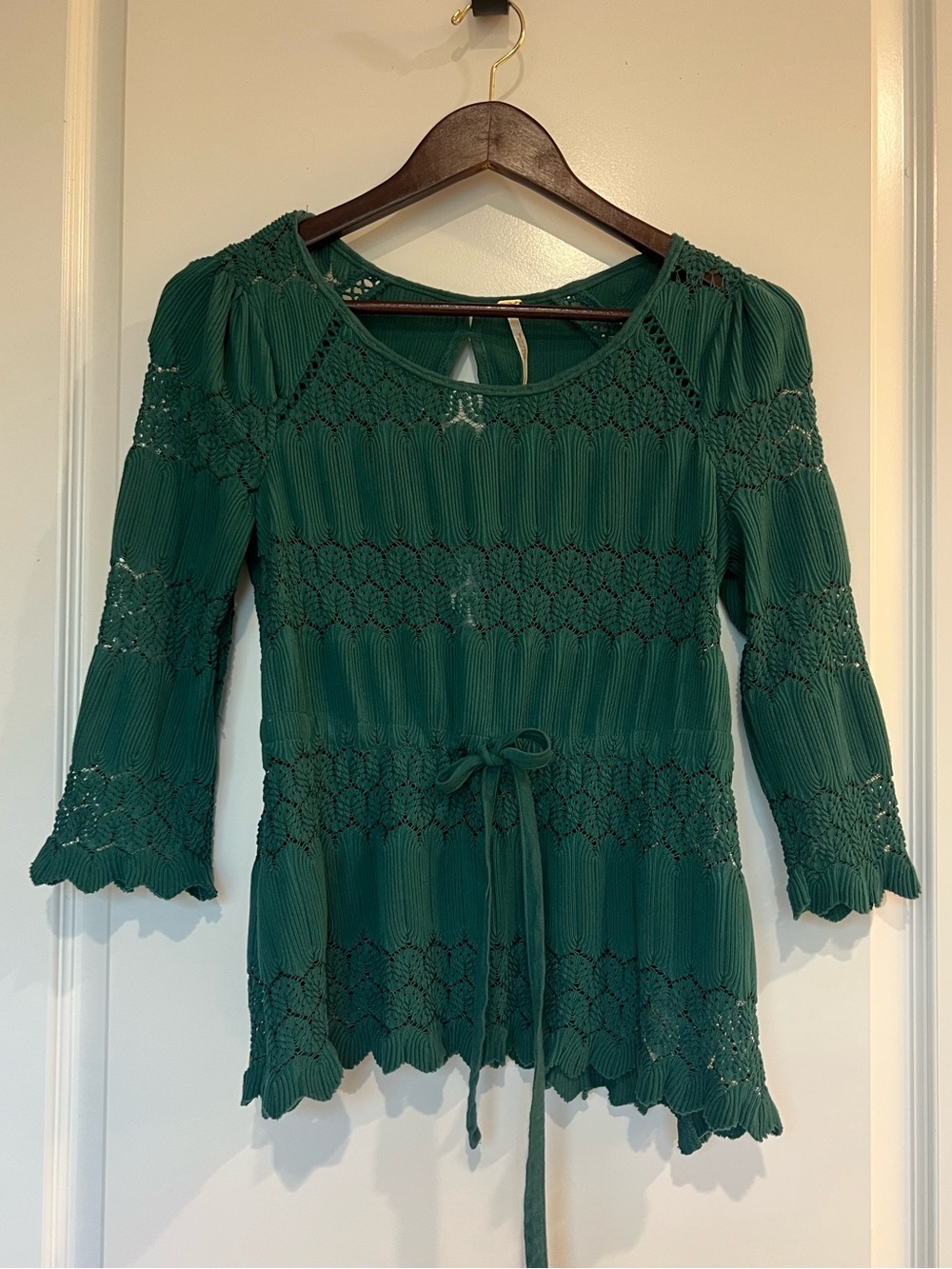 FP Fire Island Green Crochet Lace 3/4 Sleeve Blouse XS Drawstring Waist Boho - Picture 2 of 7